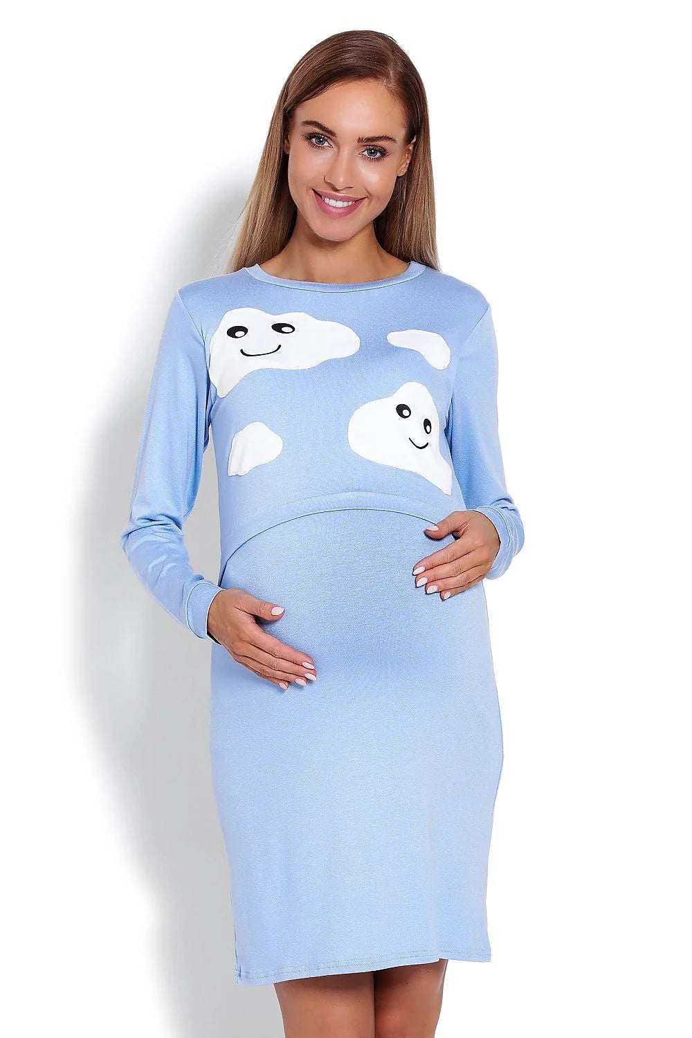Chemise de nuit maternité bleu coton confort motifs nuages souriants manches longues future maman