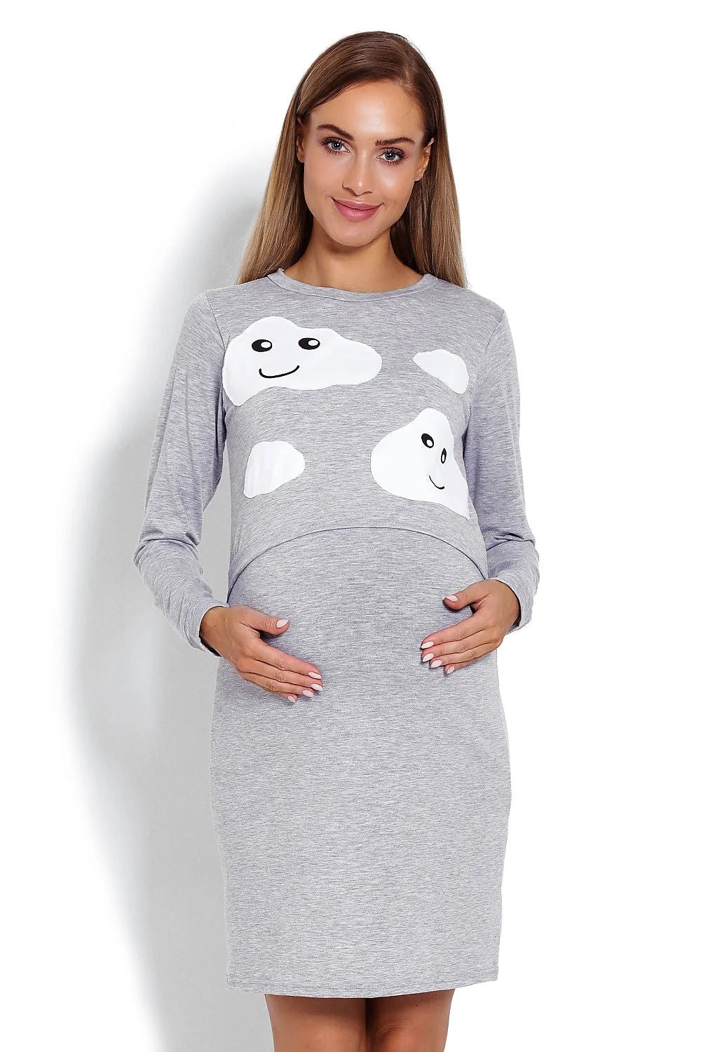 Chemise de nuit maternité bleu coton confort motifs nuages souriants manches longues future maman