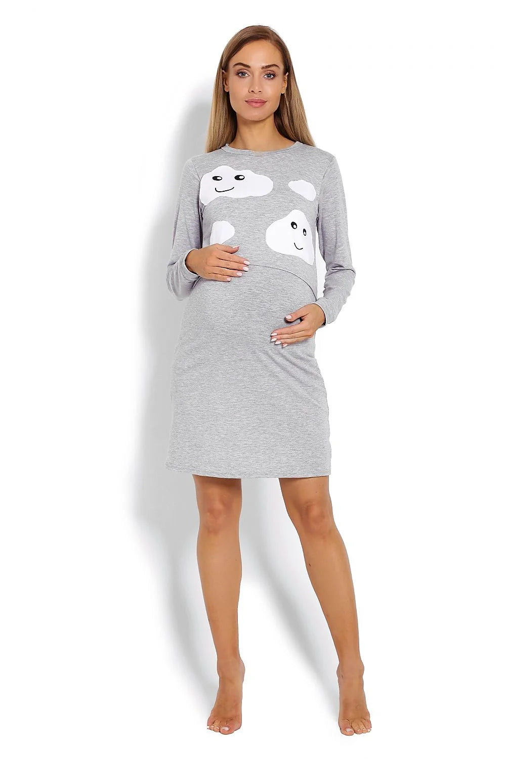 Chemise de nuit maternité bleu coton confort motifs nuages souriants manches longues future maman