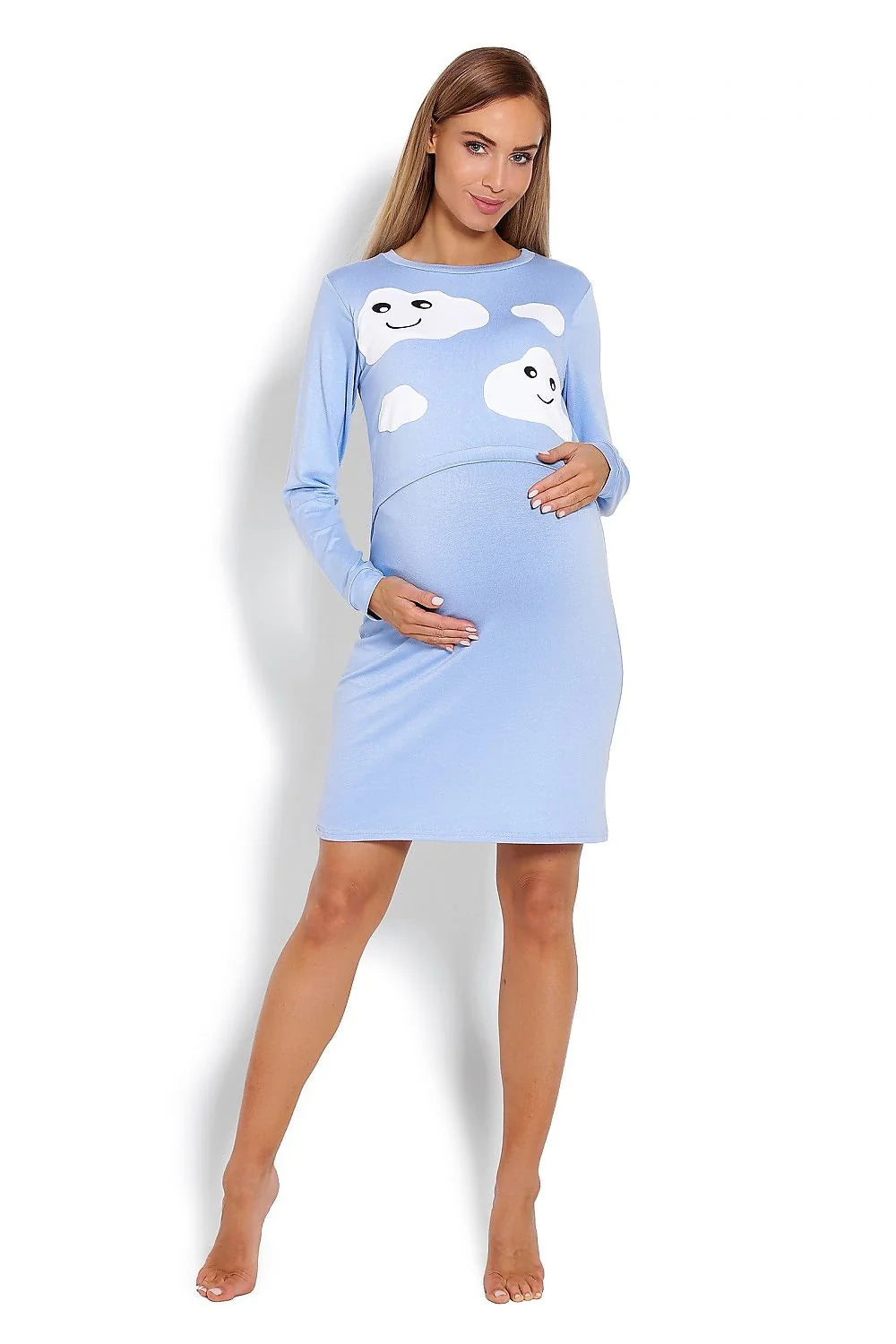 Chemise de nuit maternité bleu coton confort motifs nuages souriants manches longues future maman