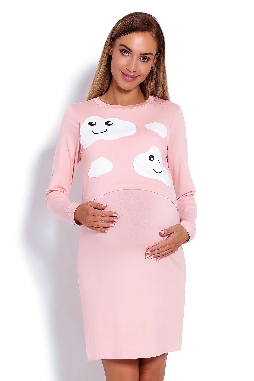 Chemise de nuit maternité bleu coton confort motifs nuages souriants manches longues future maman
