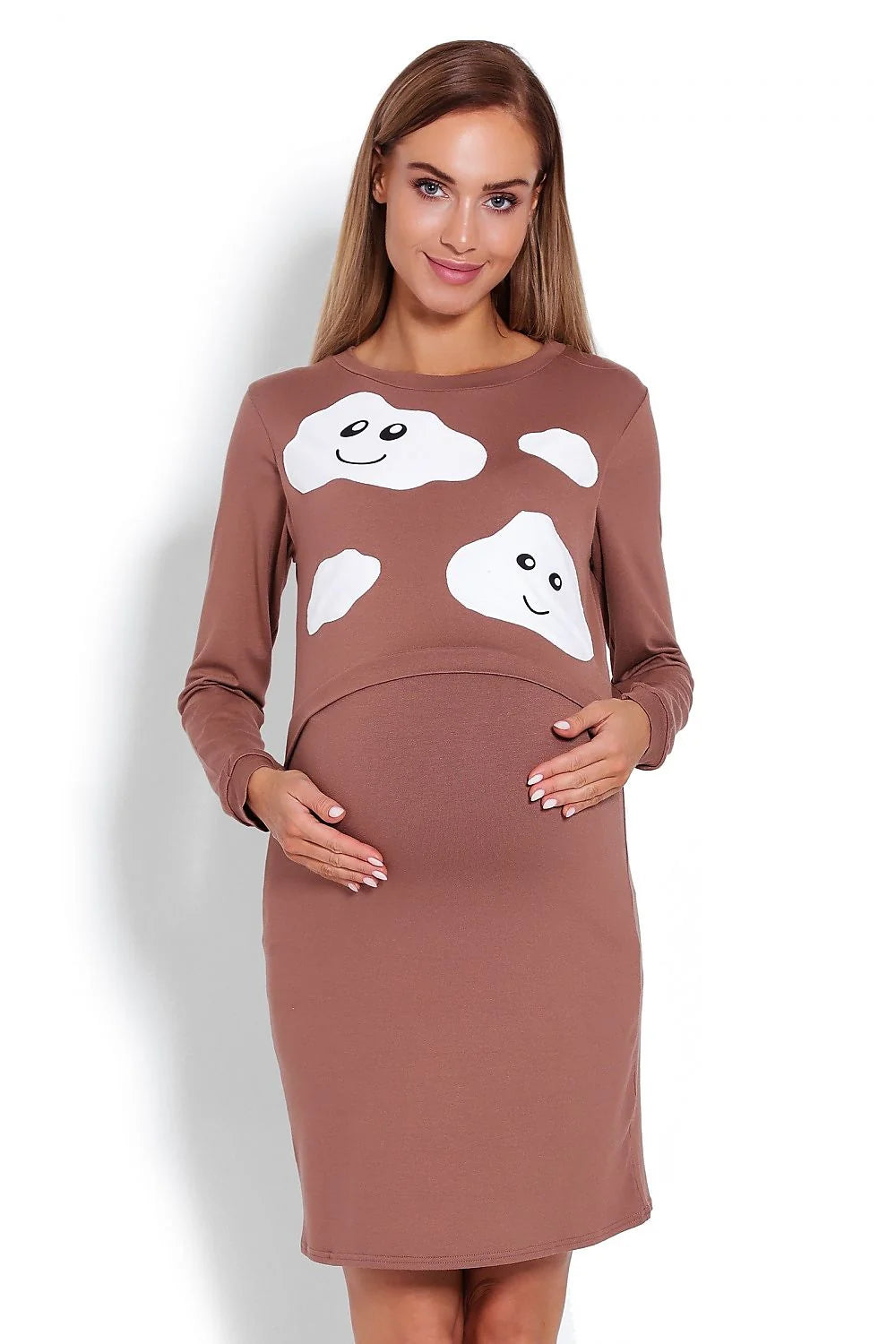 Chemise de nuit maternité bleu coton confort motifs nuages souriants manches longues future maman