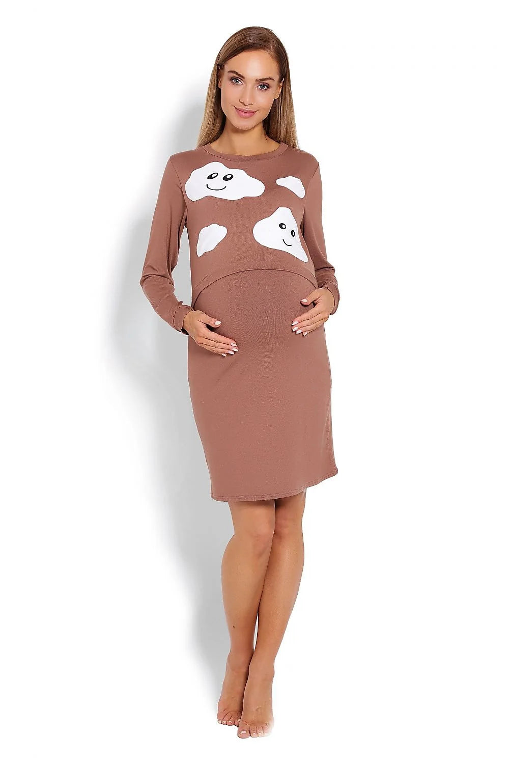 Chemise de nuit maternité bleu coton confort motifs nuages souriants manches longues future maman