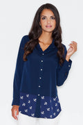 Chemise féminine en coton bleu marine casual élégante motifs ancres manches longues col classique