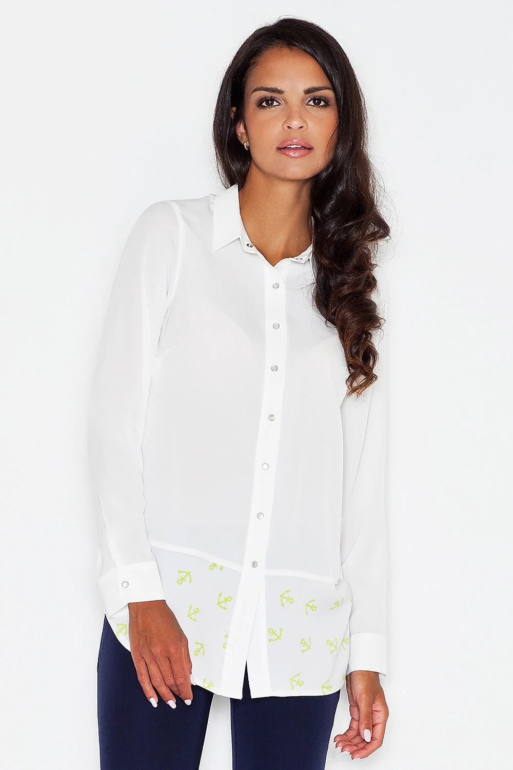 Chemise féminine en coton bleu marine casual élégante motifs ancres manches longues col classique