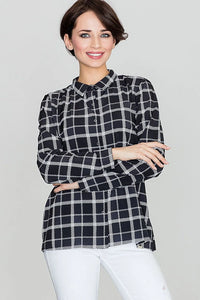 chemise femme Lenitif manches longues carreaux noir blanc col mao coupe droite mi hanches fluide boutons poignets boutonnés élégante chic