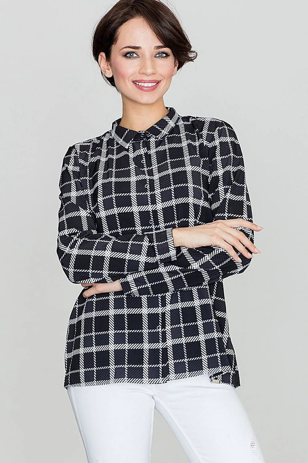 chemise femme Lenitif manches longues carreaux noir blanc col mao coupe droite mi hanches fluide boutons poignets boutonnés élégante chic