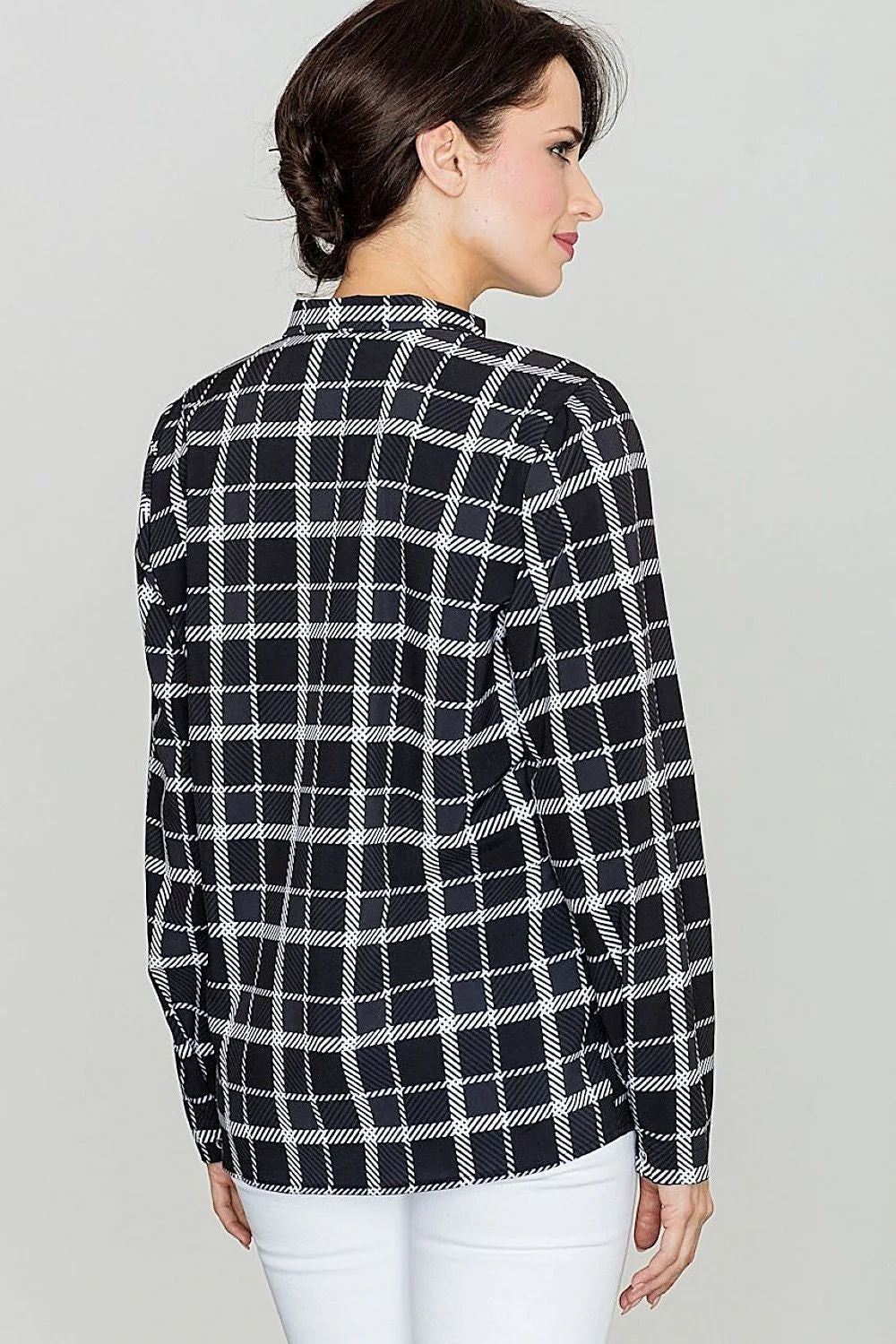 chemise femme Lenitif manches longues carreaux noir blanc col mao coupe droite mi hanches fluide boutons poignets boutonnés élégante chic
