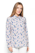 chemise femme manches longues Katrus imprimée plumes aquarelle bleu turquoise rose poudré coupe droite boutonnage pression col classique fluide léger