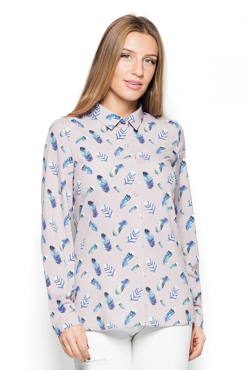 chemise femme manches longues Katrus imprimée plumes aquarelle bleu turquoise rose poudré coupe droite boutonnage pression col classique fluide léger