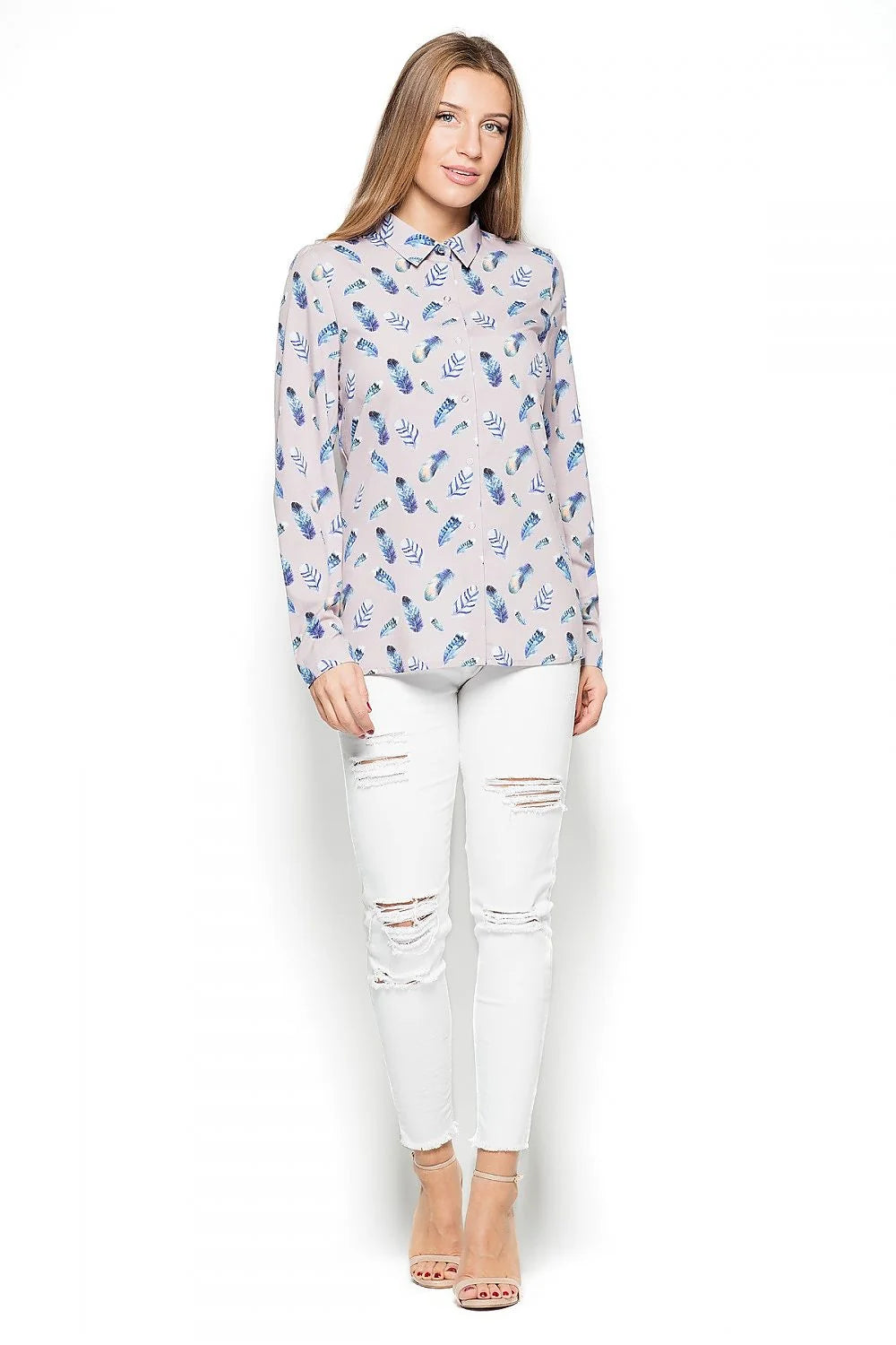 chemise femme manches longues Katrus imprimée plumes aquarelle bleu turquoise rose poudré coupe droite boutonnage pression col classique fluide léger