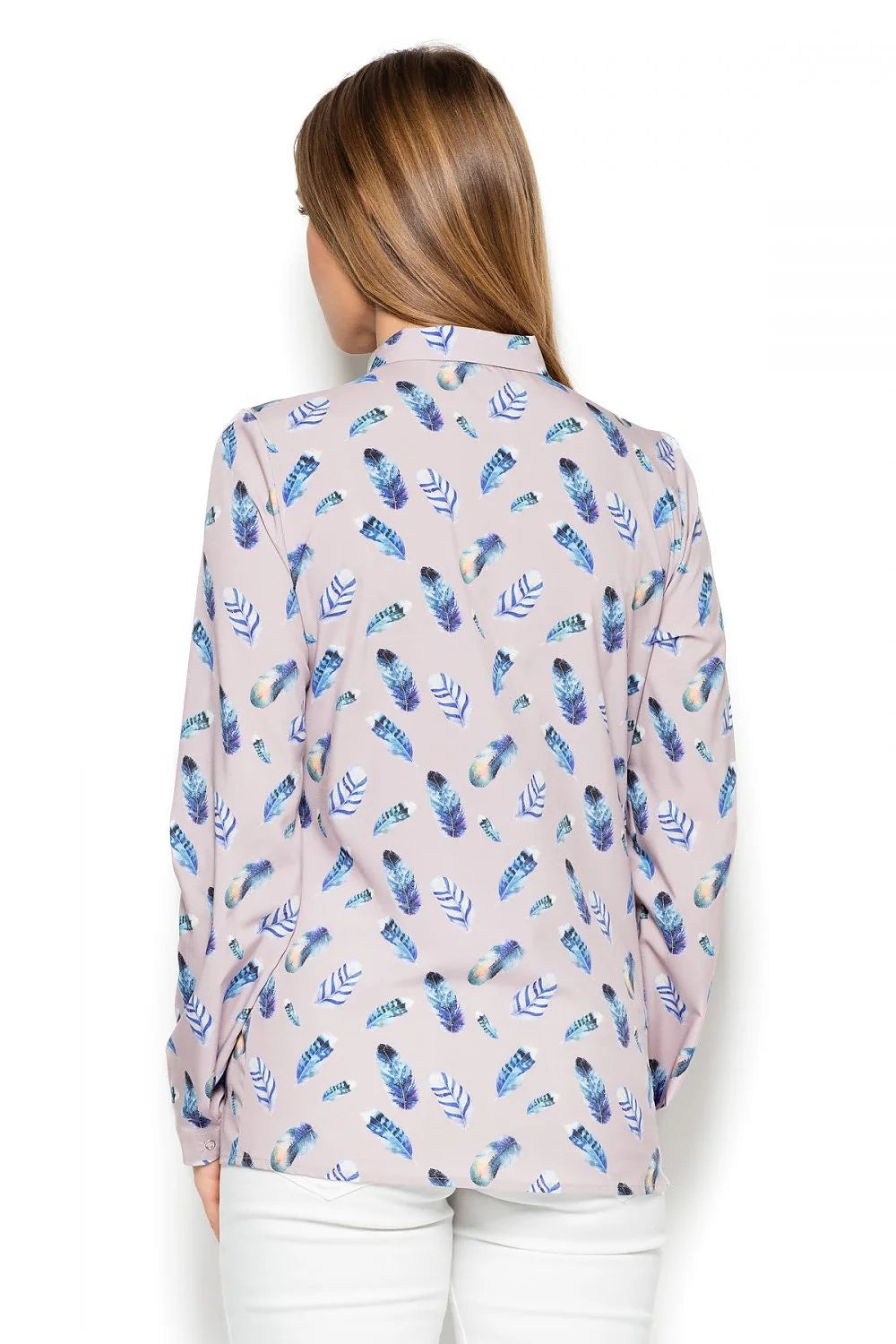 chemise femme manches longues Katrus imprimée plumes aquarelle bleu turquoise rose poudré coupe droite boutonnage pression col classique fluide léger