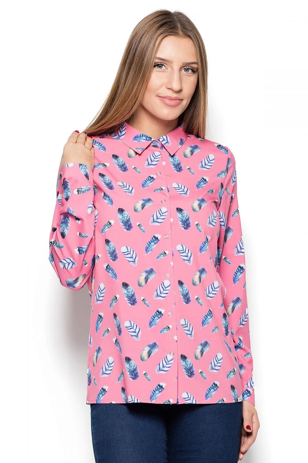 chemise femme manches longues Katrus imprimée plumes aquarelle bleu turquoise rose poudré coupe droite boutonnage pression col classique fluide léger