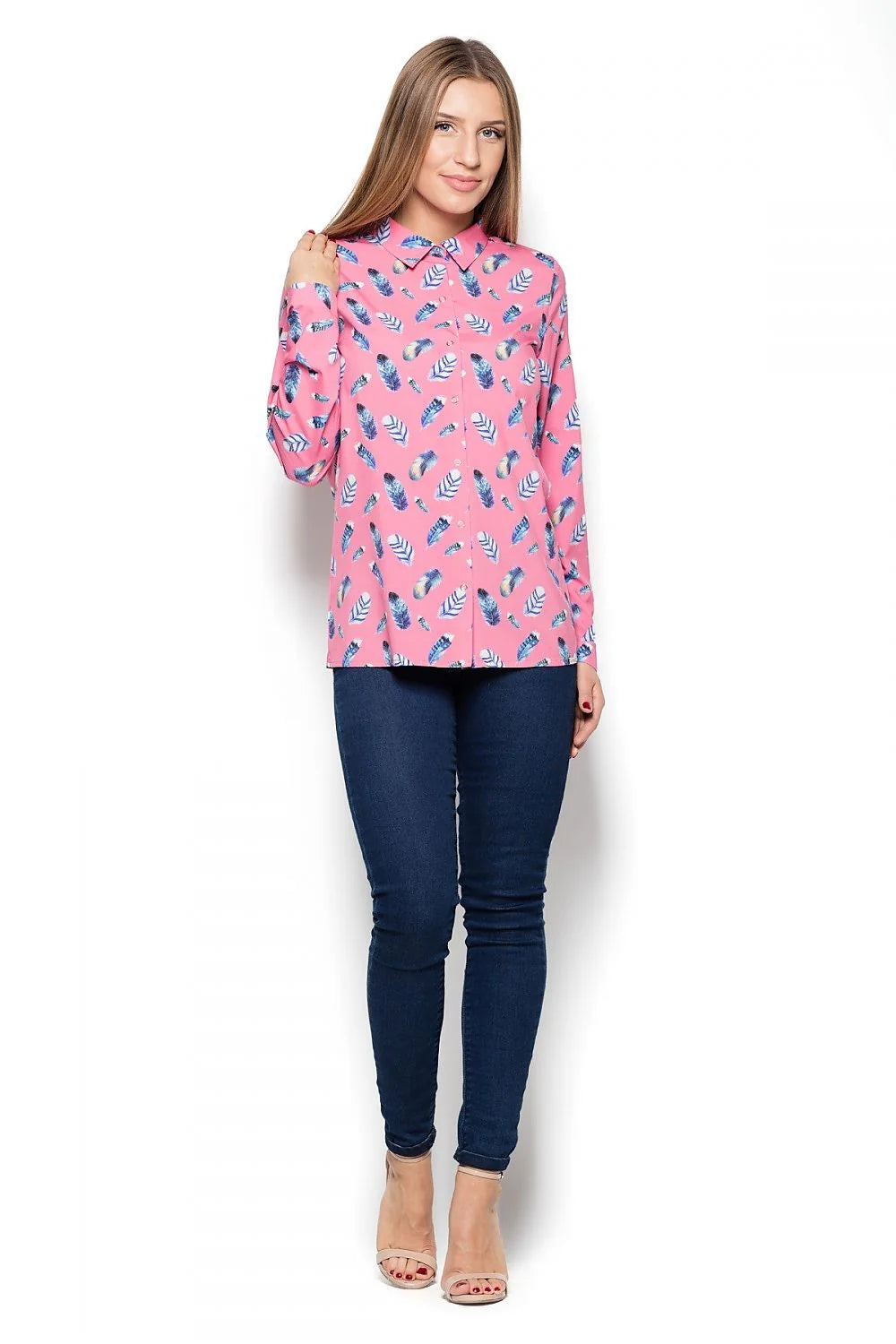chemise femme manches longues Katrus imprimée plumes aquarelle bleu turquoise rose poudré coupe droite boutonnage pression col classique fluide léger