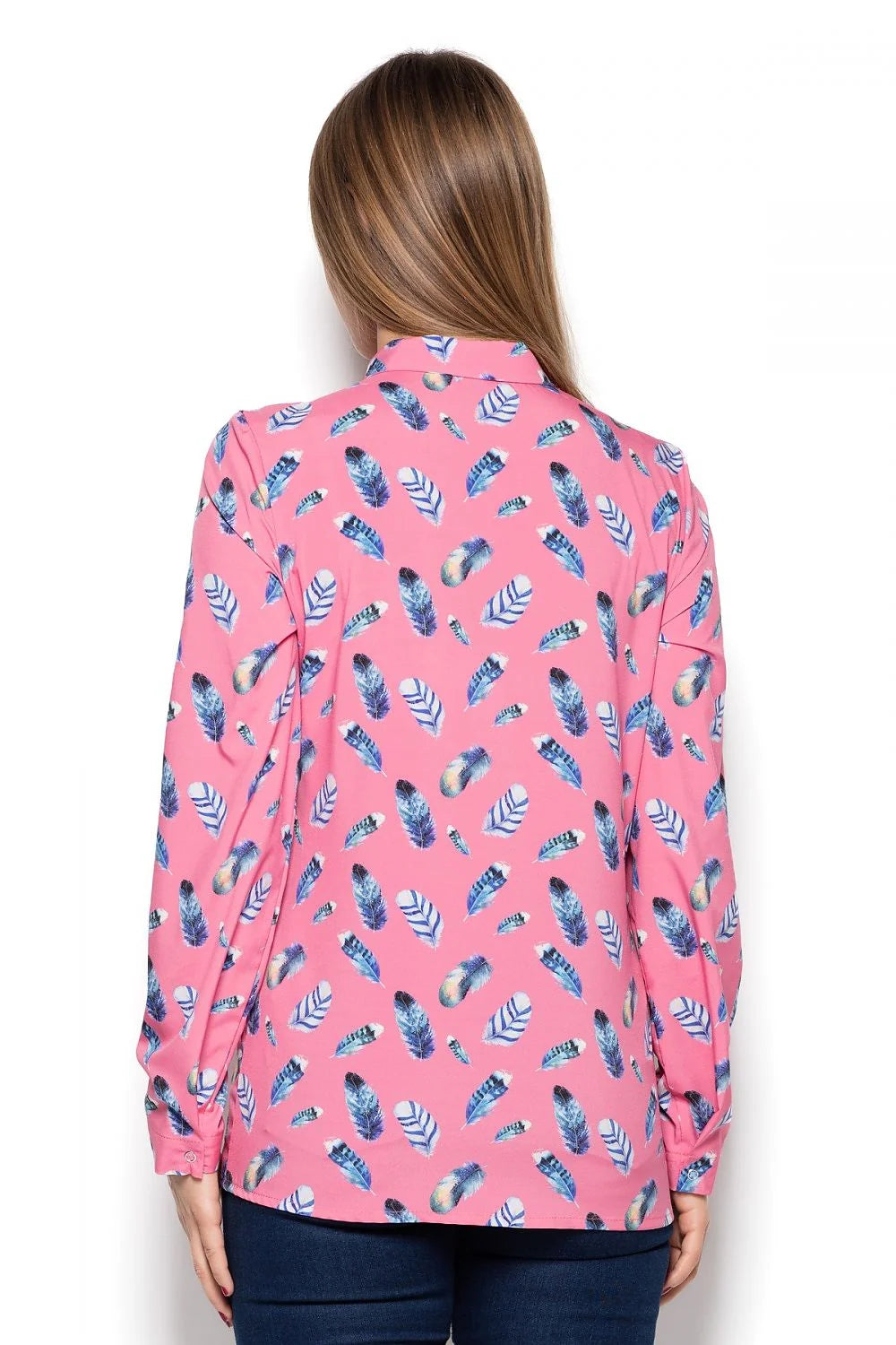 chemise femme manches longues Katrus imprimée plumes aquarelle bleu turquoise rose poudré coupe droite boutonnage pression col classique fluide léger