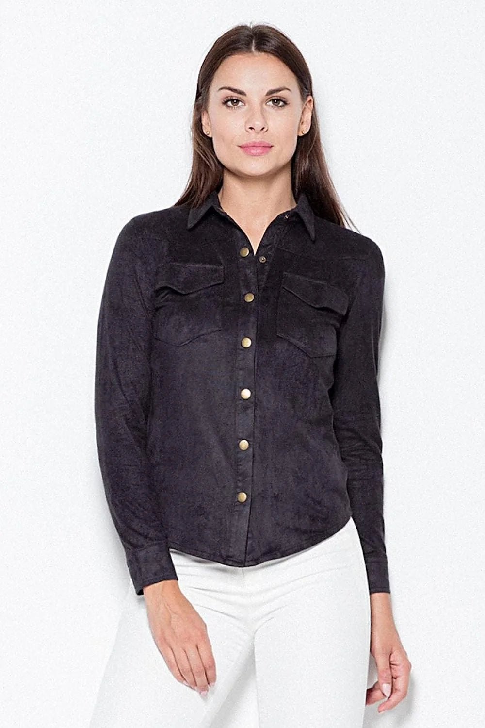 chemise femme suédine orange brique manches longues cintrée col classique boutons métalliques dorés poches rabat texture daim casual chic polyvalente