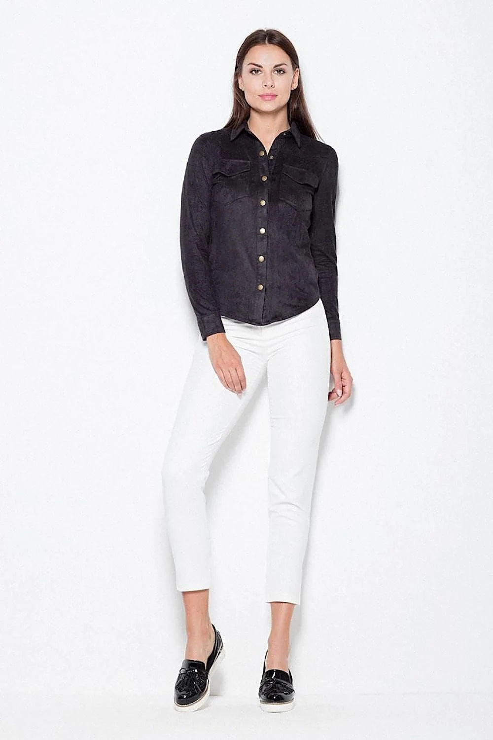 chemise femme suédine orange brique manches longues cintrée col classique boutons métalliques dorés poches rabat texture daim casual chic polyvalente