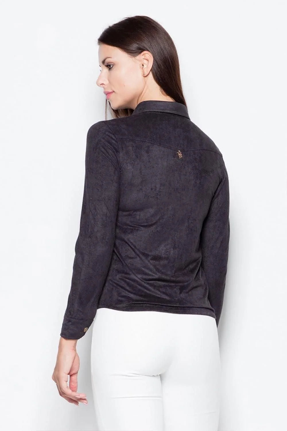 chemise femme suédine orange brique manches longues cintrée col classique boutons métalliques dorés poches rabat texture daim casual chic polyvalente