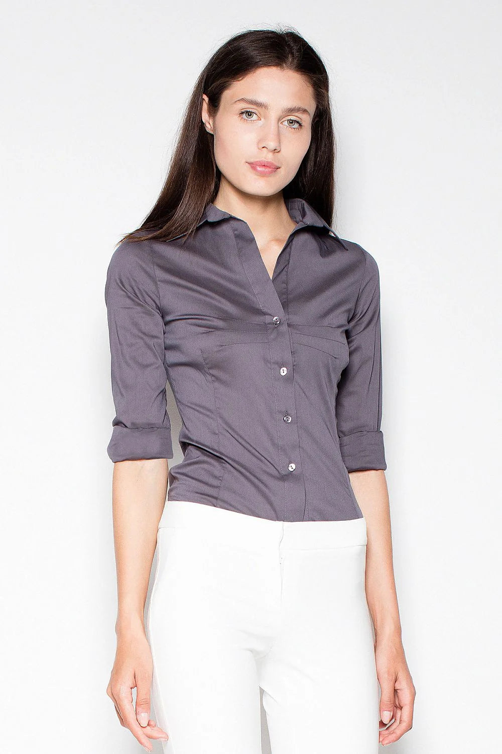 chemise femme venaton manches troisquarts slim gris anthracite col classique boutons apparents coupe cintrée tissu stretch léger respirante finition soignée