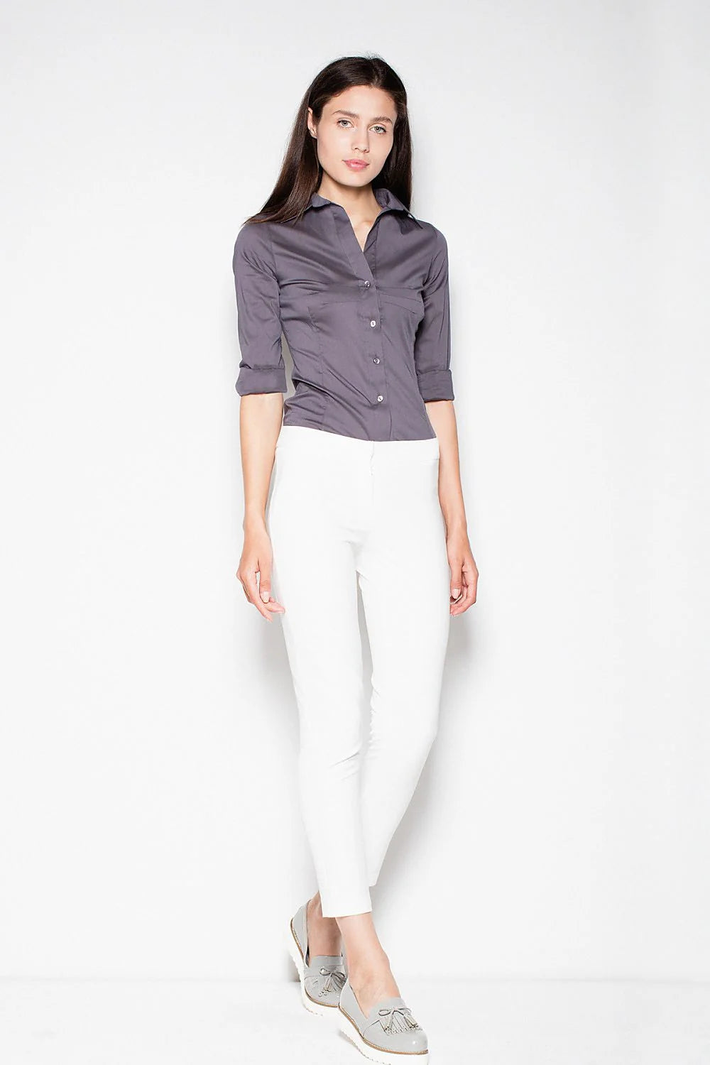 chemise femme venaton manches troisquarts slim gris anthracite col classique boutons apparents coupe cintrée tissu stretch léger respirante finition soignée