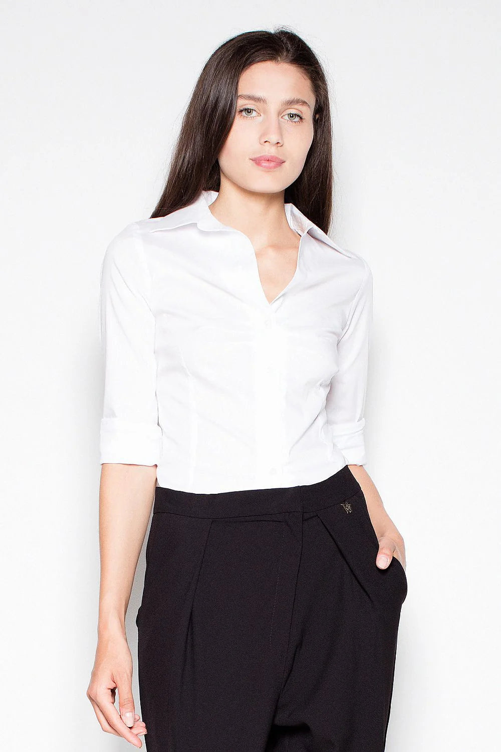 chemise femme venaton manches troisquarts slim gris anthracite col classique boutons apparents coupe cintrée tissu stretch léger respirante finition soignée