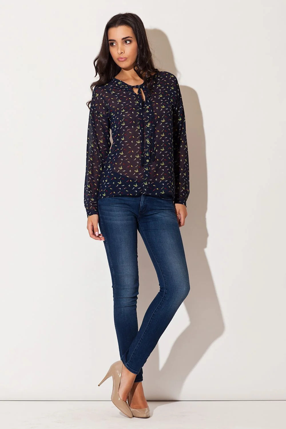 Chemise manche longue Katrus motifs oiseaux couleur bleu marine polyester 100% femmes taille S à XXXXL