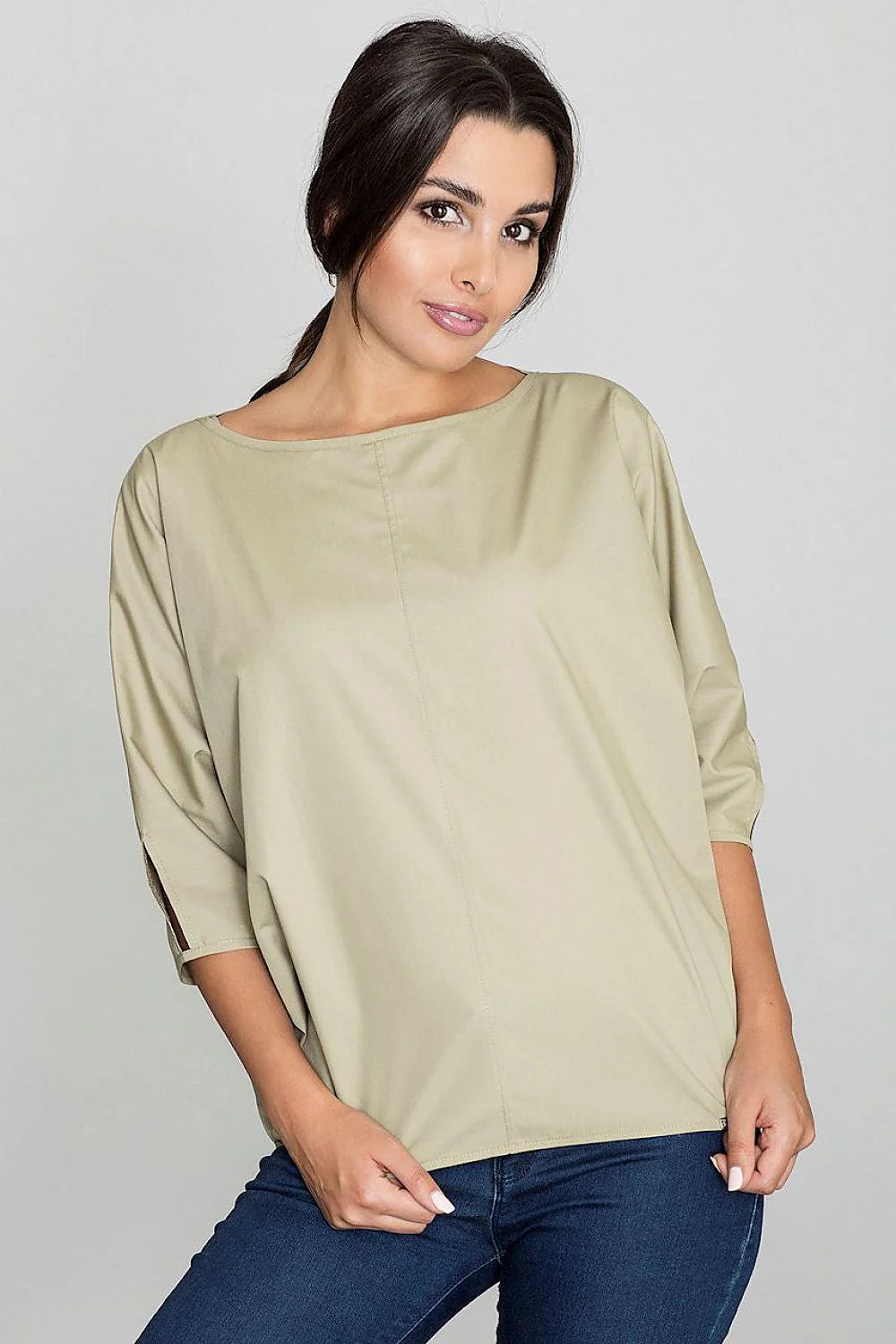 Chemisier ample coton beige décontracté manches trois-quarts confort élégant pour femmes modernes et actives