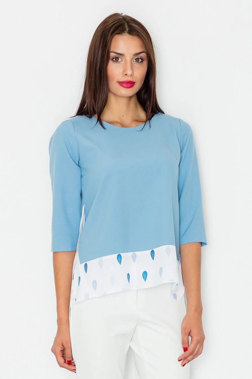 chemisier ample coton manches troisquarts motif bas voile imprimé gouttes bleu ciel blanc fluide casual chic