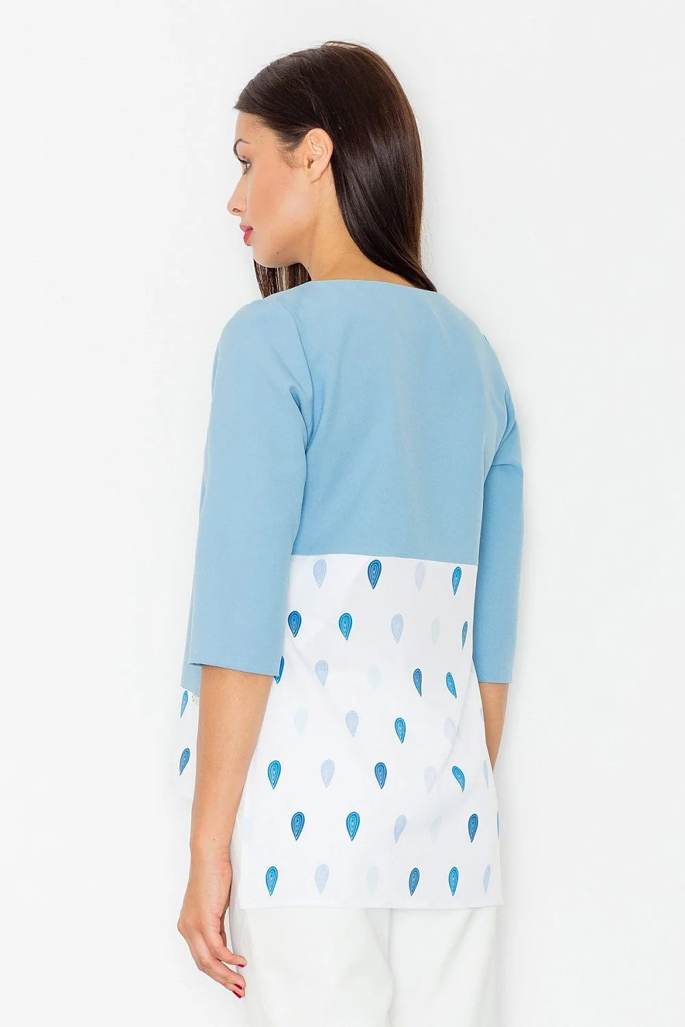 chemisier ample coton manches troisquarts motif bas voile imprimé gouttes bleu ciel blanc fluide casual chic