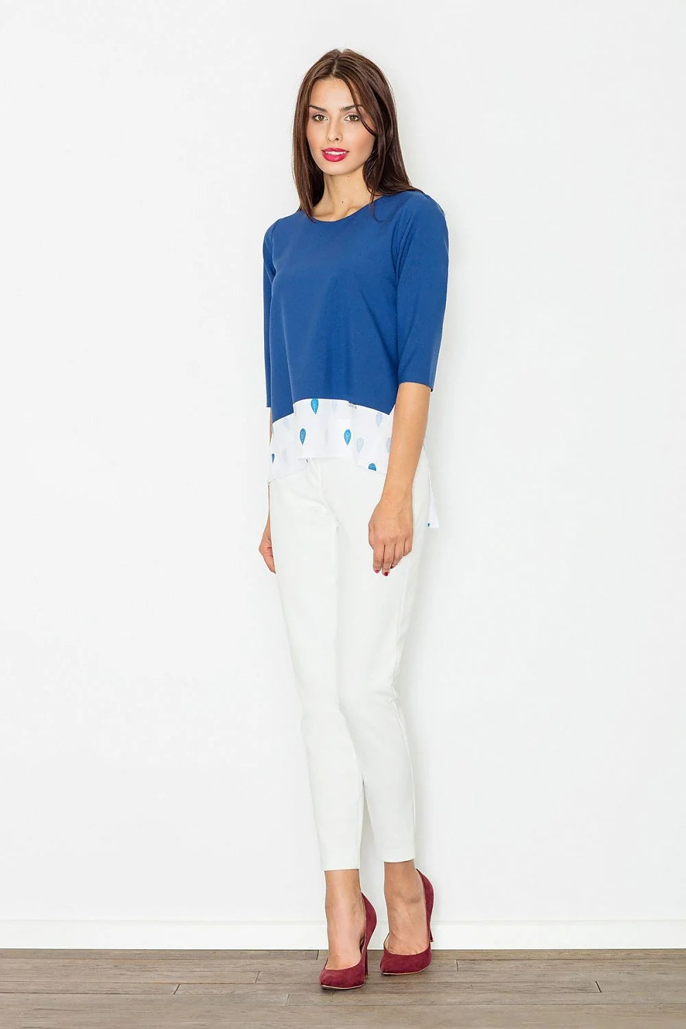 chemisier ample coton manches troisquarts motif bas voile imprimé gouttes bleu ciel blanc fluide casual chic