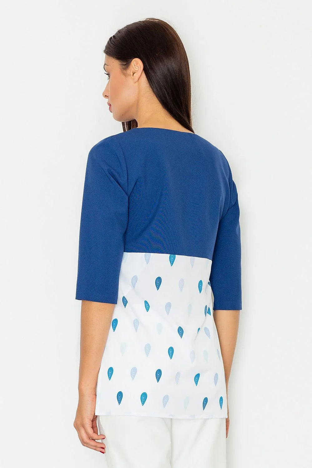 chemisier ample coton manches troisquarts motif bas voile imprimé gouttes bleu ciel blanc fluide casual chic