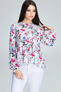 Chemisier ample polyester style romantique motifs floraux élégants volants manches longues col rond tendance