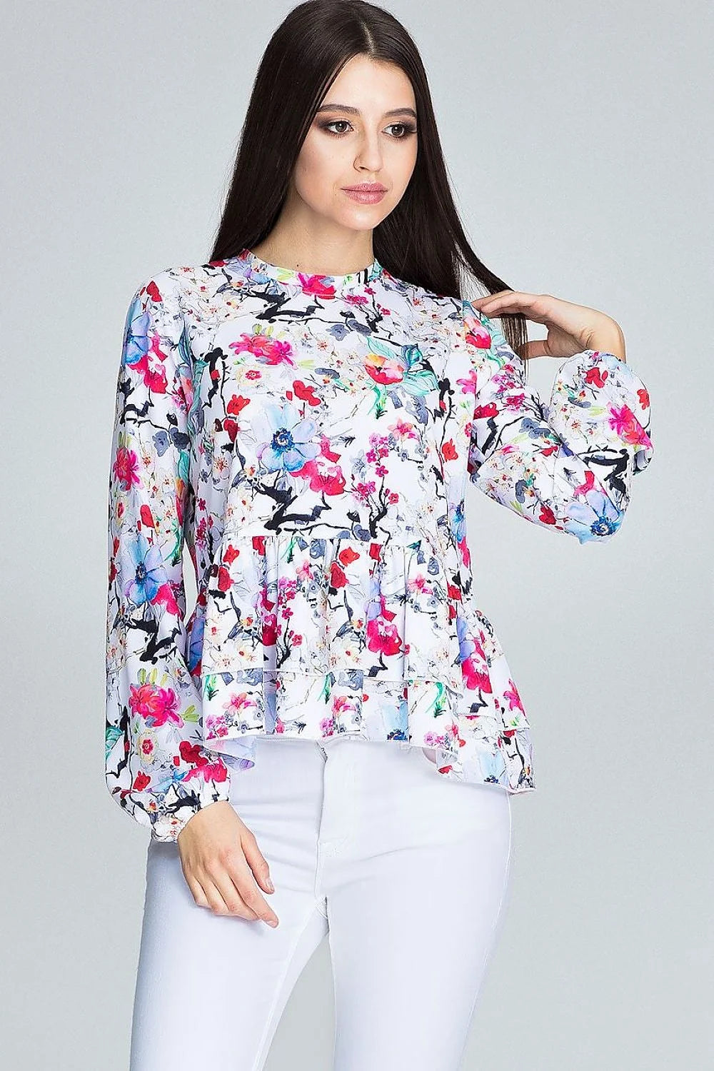 Chemisier ample polyester style romantique motifs floraux élégants volants manches longues col rond tendance