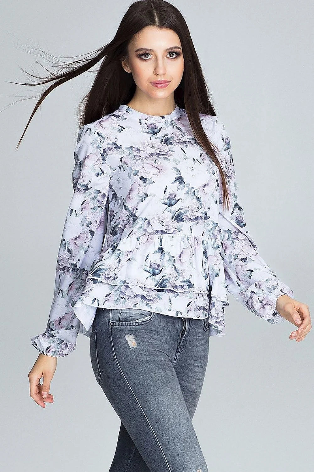 Chemisier ample polyester style romantique motifs floraux élégants volants manches longues col rond tendance