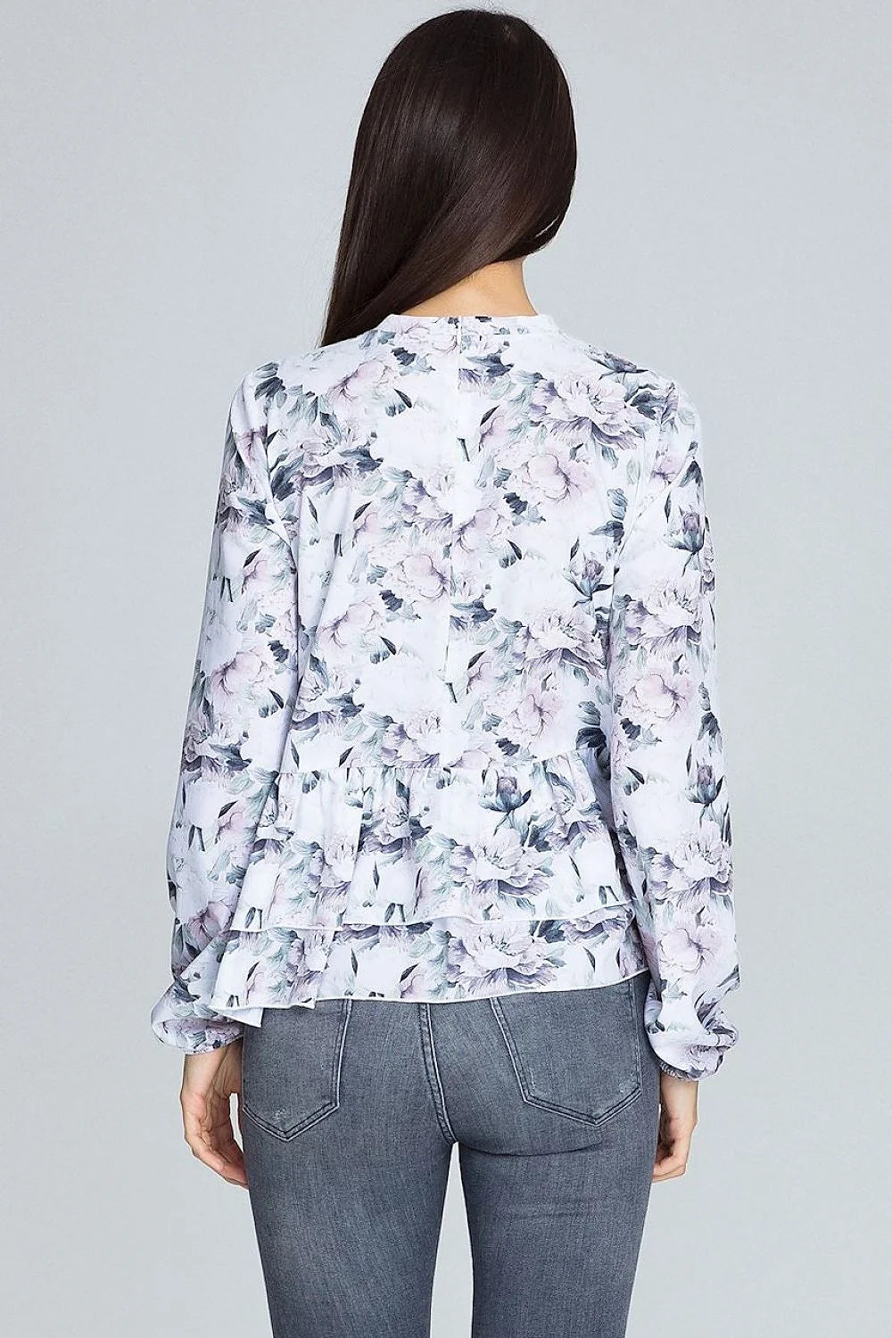 Chemisier ample polyester style romantique motifs floraux élégants volants manches longues col rond tendance