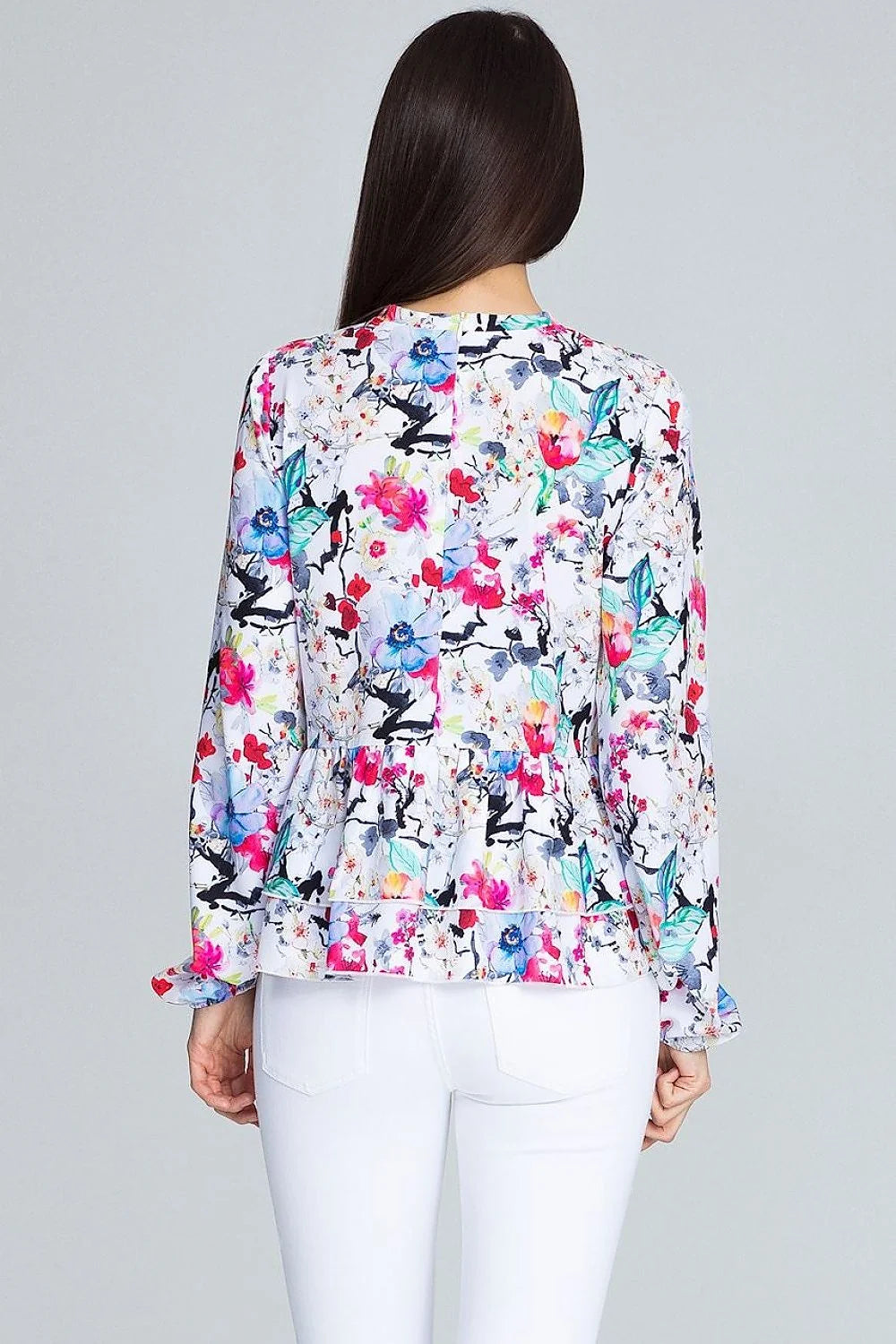 Chemisier ample polyester style romantique motifs floraux élégants volants manches longues col rond tendance