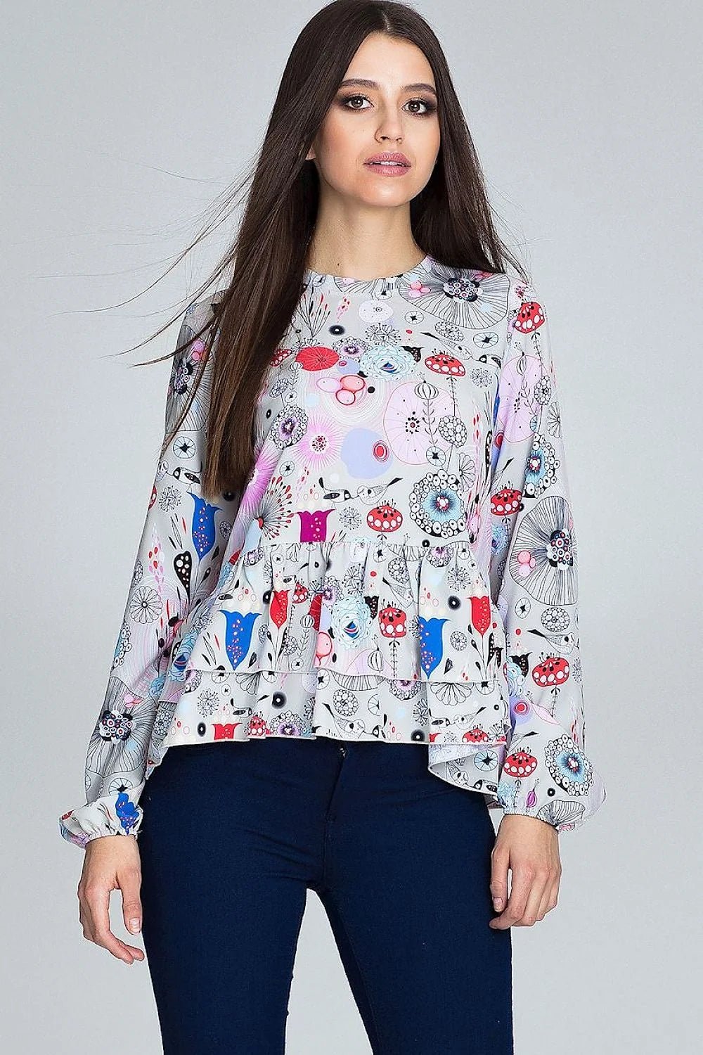Chemisier ample polyester style romantique motifs floraux élégants volants manches longues col rond tendance