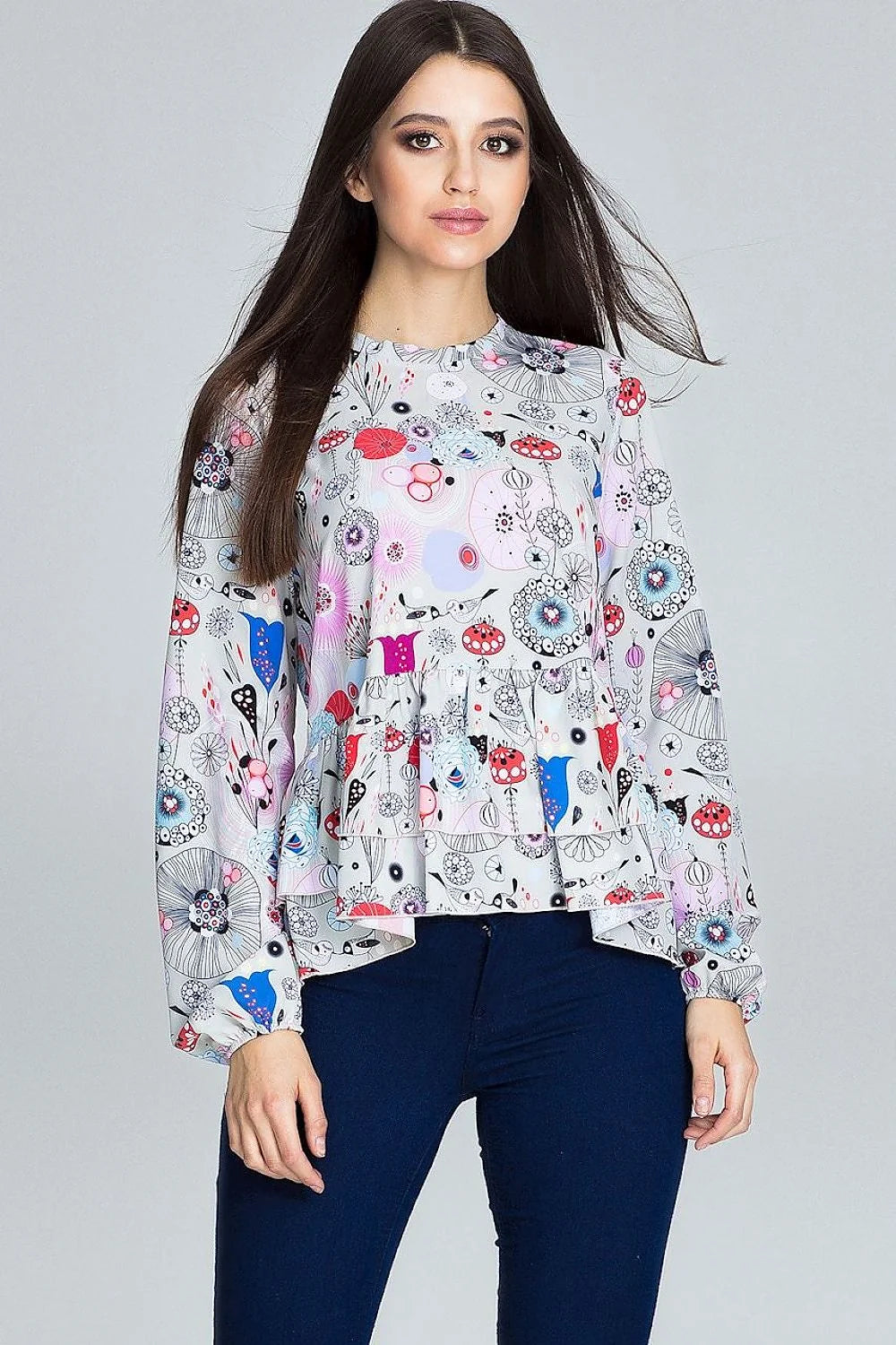 Chemisier ample polyester style romantique motifs floraux élégants volants manches longues col rond tendance
