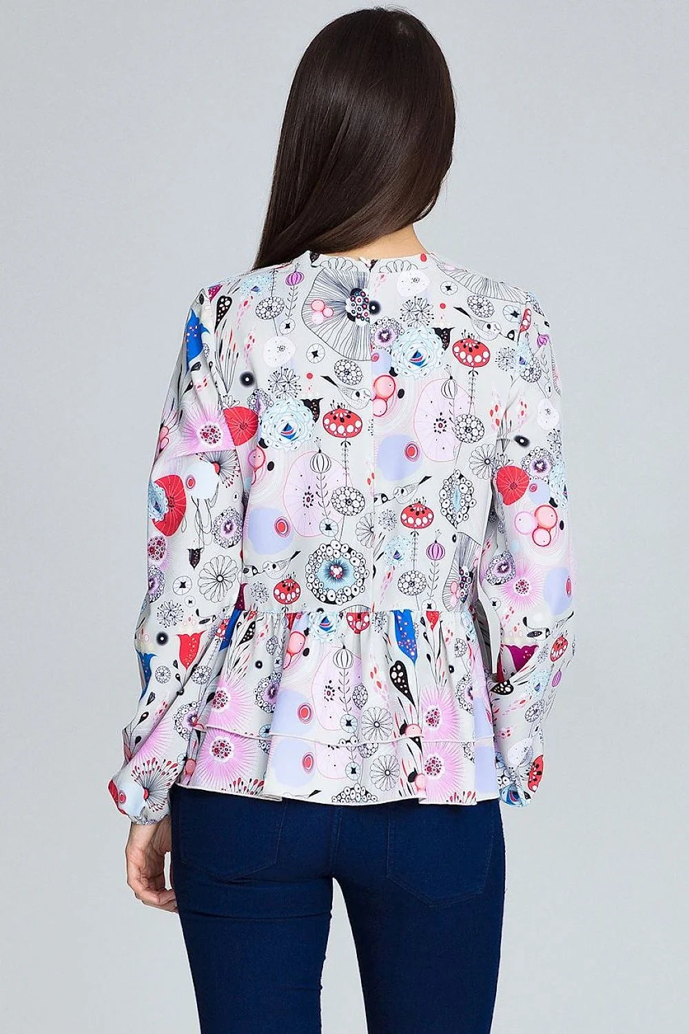 Chemisier ample polyester style romantique motifs floraux élégants volants manches longues col rond tendance