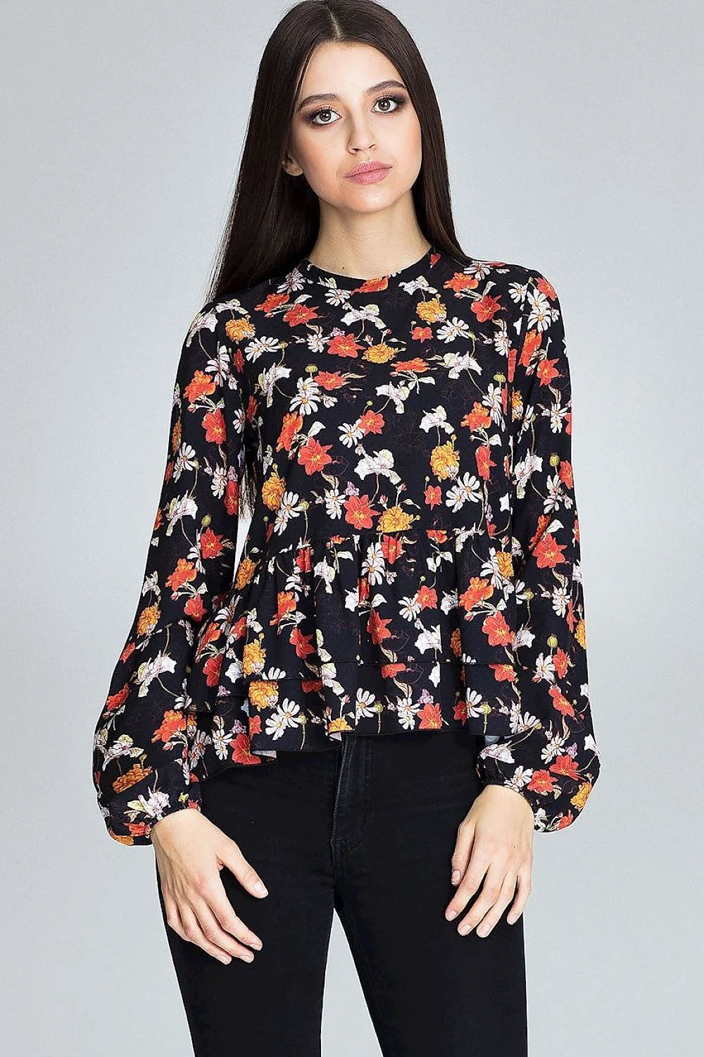 Chemisier ample polyester style romantique motifs floraux élégants volants manches longues col rond tendance