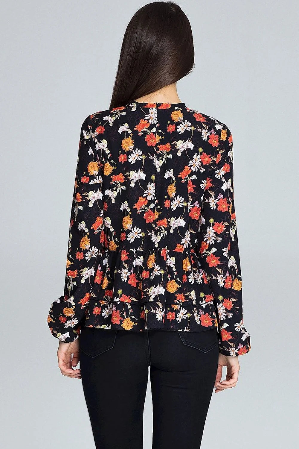 Chemisier ample polyester style romantique motifs floraux élégants volants manches longues col rond tendance