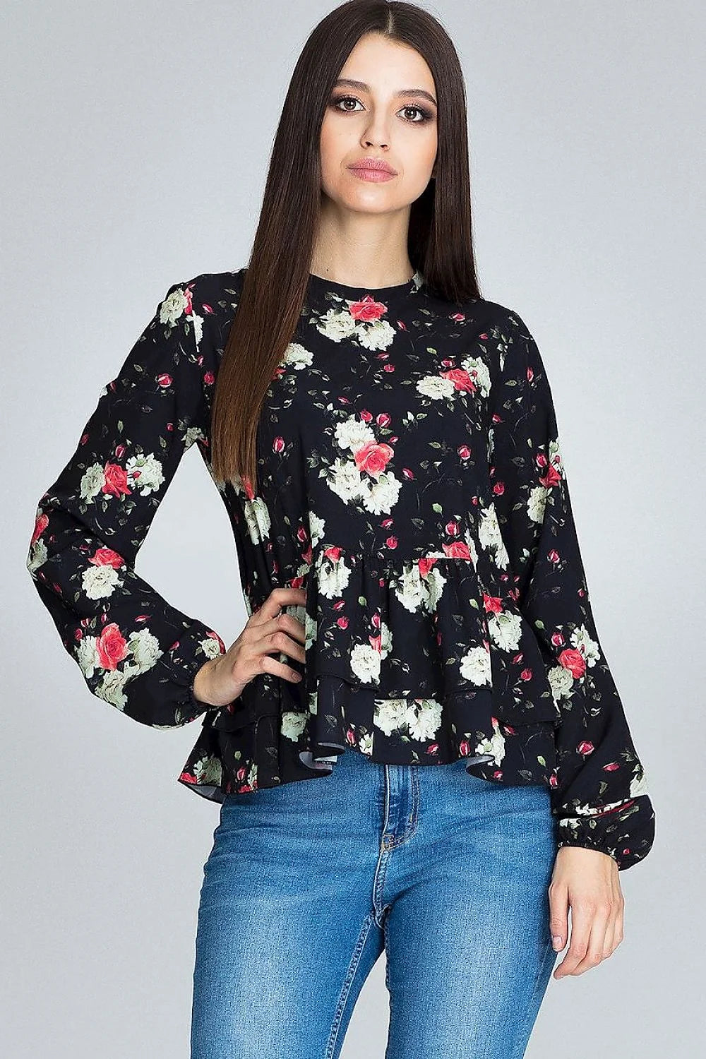 Chemisier ample polyester style romantique motifs floraux élégants volants manches longues col rond tendance