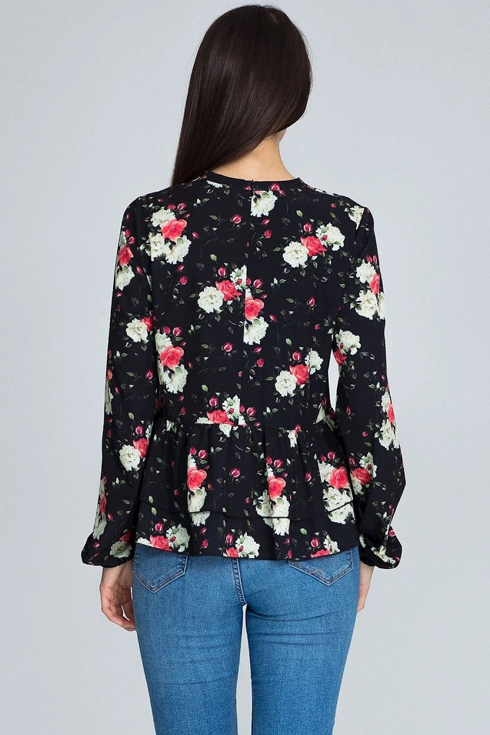 Chemisier ample polyester style romantique motifs floraux élégants volants manches longues col rond tendance