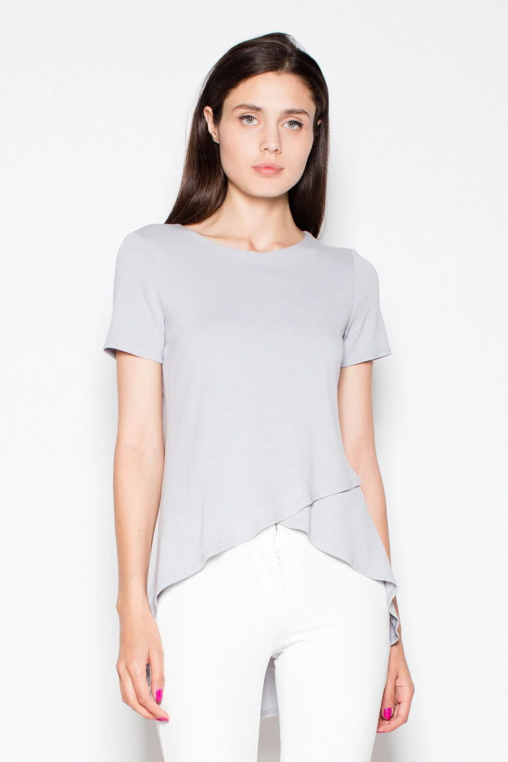 chemisier asymétrique viscose extensible doux résistant fluide ample col rond manches courtes chic moderne élégant quotidien gris vert