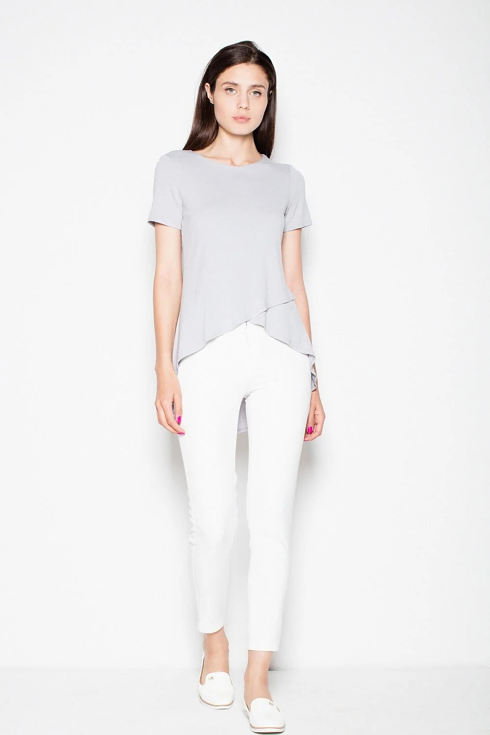 chemisier asymétrique viscose extensible doux résistant fluide ample col rond manches courtes chic moderne élégant quotidien gris vert