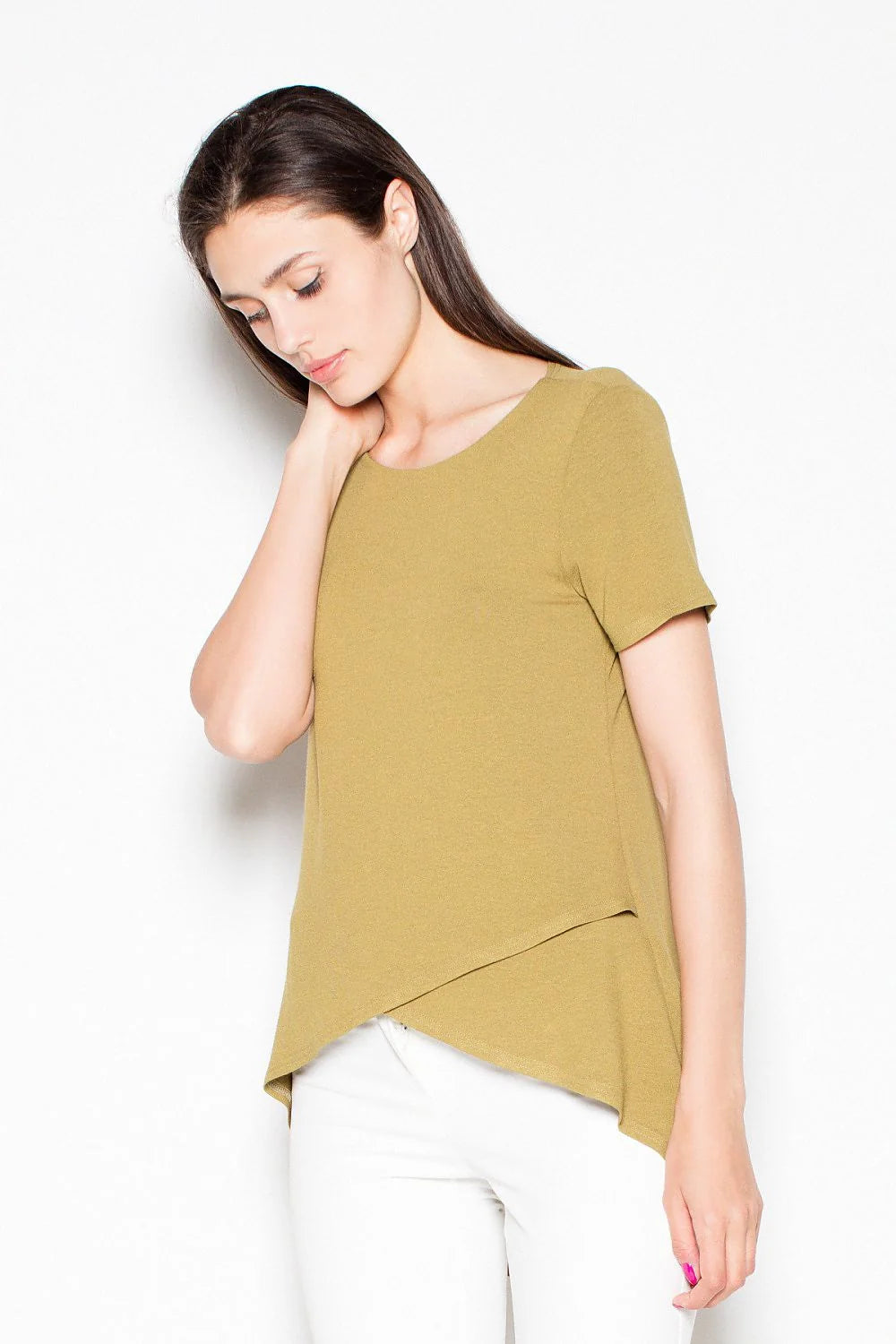 chemisier asymétrique viscose extensible doux résistant fluide ample col rond manches courtes chic moderne élégant quotidien gris vert