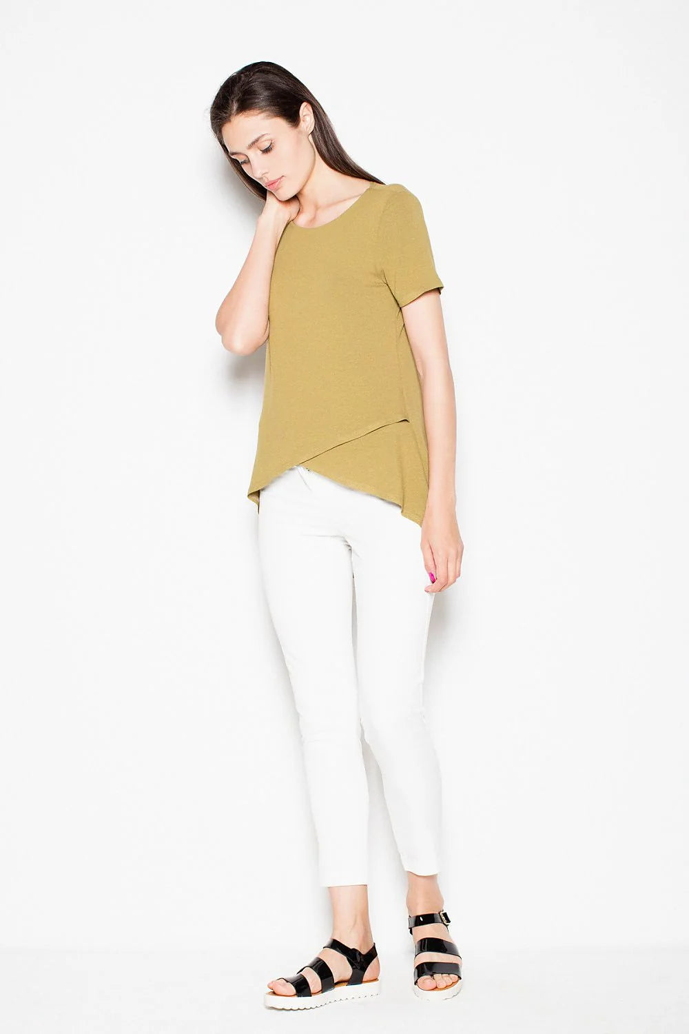 chemisier asymétrique viscose extensible doux résistant fluide ample col rond manches courtes chic moderne élégant quotidien gris vert