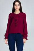 Chemisier bordeaux fluide polyester élégant romantique volants col rond manches longues féminité chic femme