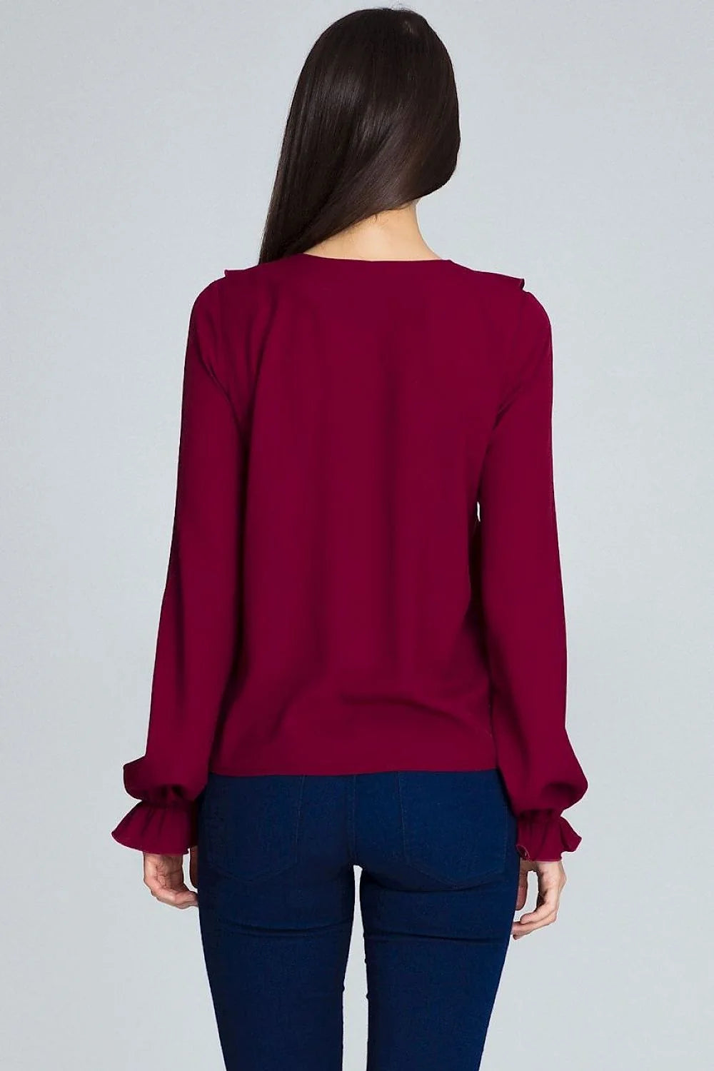 Chemisier bordeaux fluide polyester élégant romantique volants col rond manches longues féminité chic femme