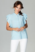 Chemisier coton bleu clair élégant manches volants ajusté col montant pour femmes modernes actives